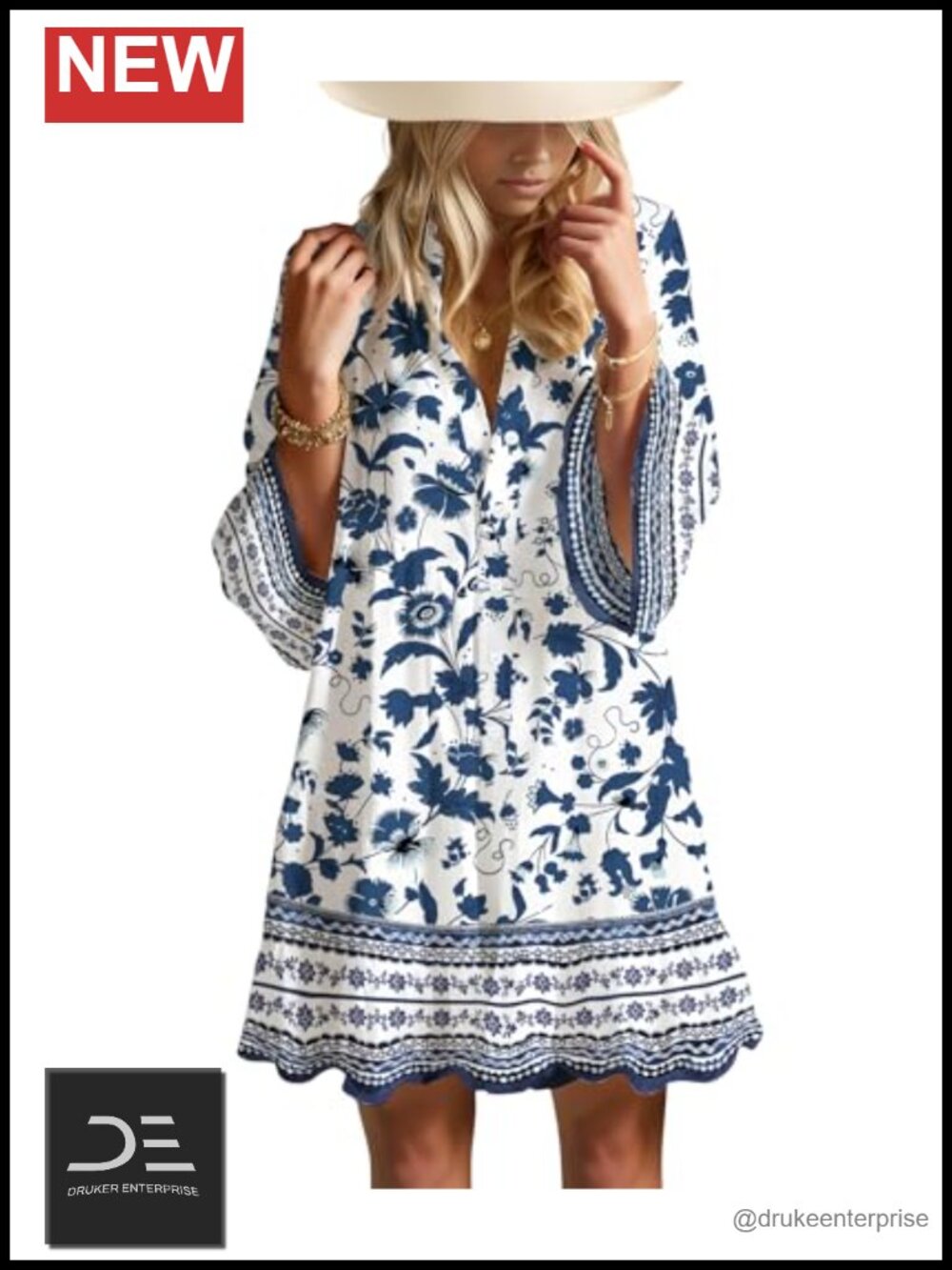 Womens Flowy Babydoll Boho Beach Mini Dress 3/4 Bell Sleeve V-Neck